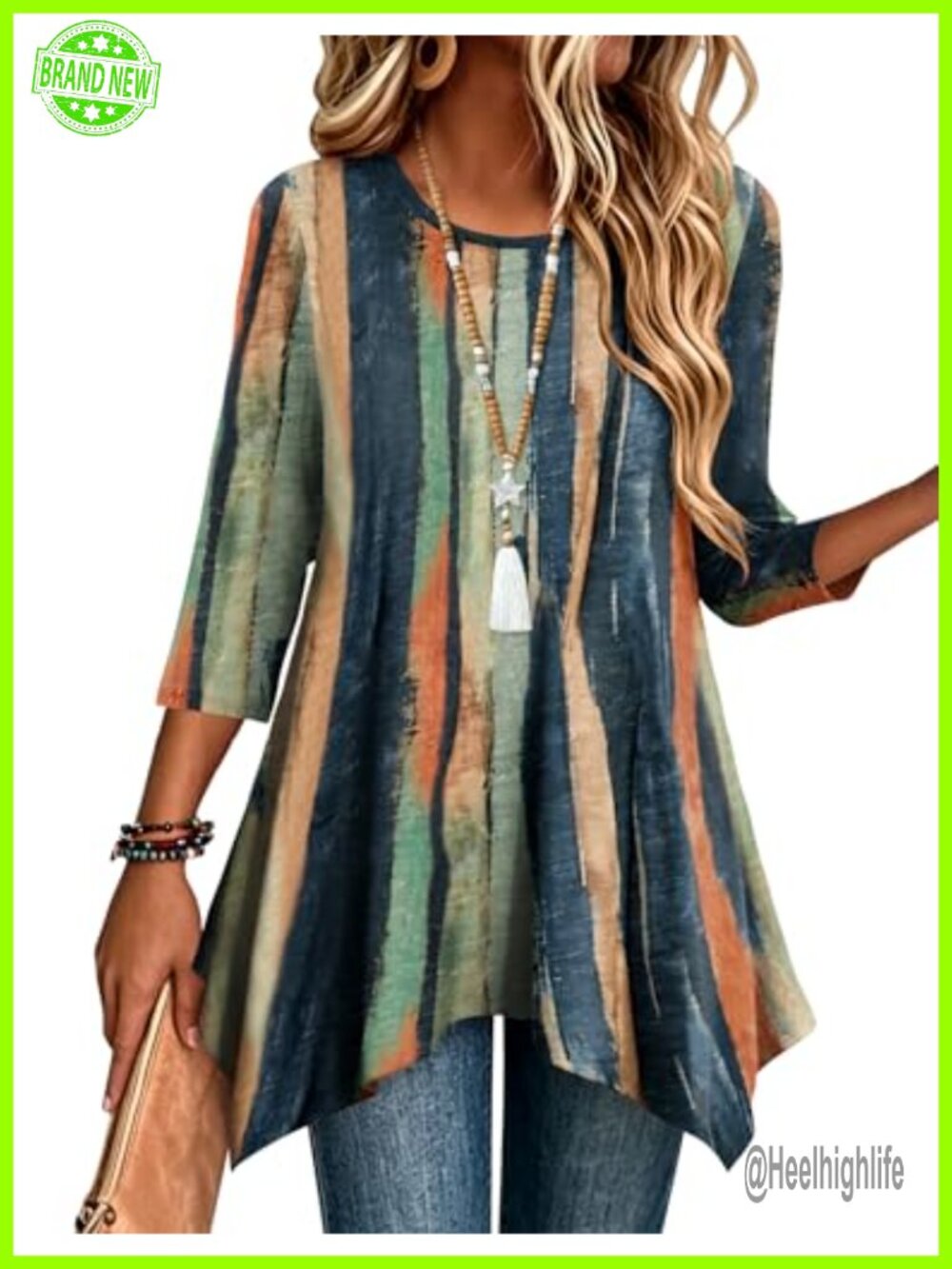 Women's 3/4 Sleeve Loose Fit Tunic Top Asymmetrical Hem Boho